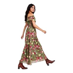 Bar III Olive Green Floral Off-Shoulder Maxi Dress with Pink Accents